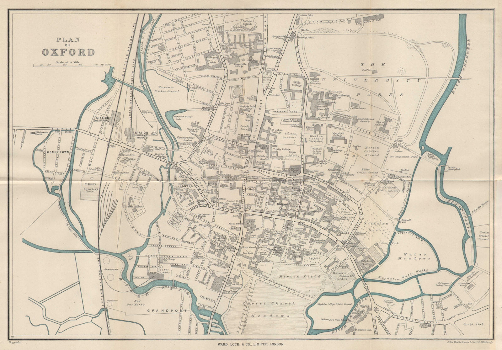 OXFORD vintage tourist town city plan. University colleges. WARD LOCK 1950 map